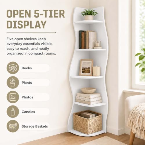 HRVEOCEI 5-Tier Wavy Corner Shelf with Curvy Shape for Small Space, White