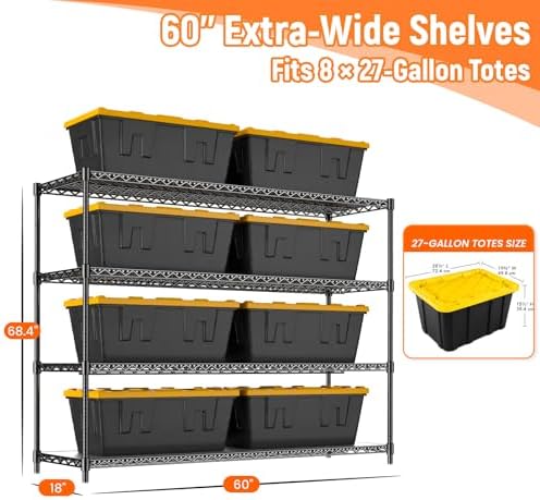 60" W Storage Shelves 2640 LBS Heavy Duty Garage Shelving, Adjustable Wire Shelving Metal Shelving with Liners, Fits 27-