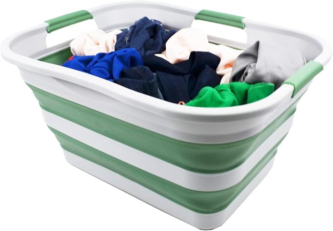 SAMMART 30L(8 gallon) Collapsible Plastic Laundry Basket - Foldable Pop Up Storage Container/Organizer - Space Saving Hamper/Basket - Water Capacity 24L(6.3 gallon) (1, Grey/Dark Sea Green)