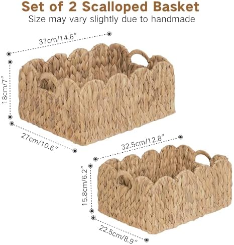iEGrow Scalloped Wicker Basket, Set of 2 Woven Rattan Natural Water Hyacinth Baskets with Built-in Handles, Rectangle Storage Baskets for Organizing, Decor, Shelf and Nursery Room