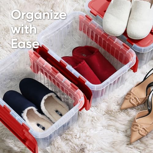 Superio Red Storage Box with Red Hinged Lids, Plastic Container Bins for Organizing with Attached Lid, Stackable Crates,