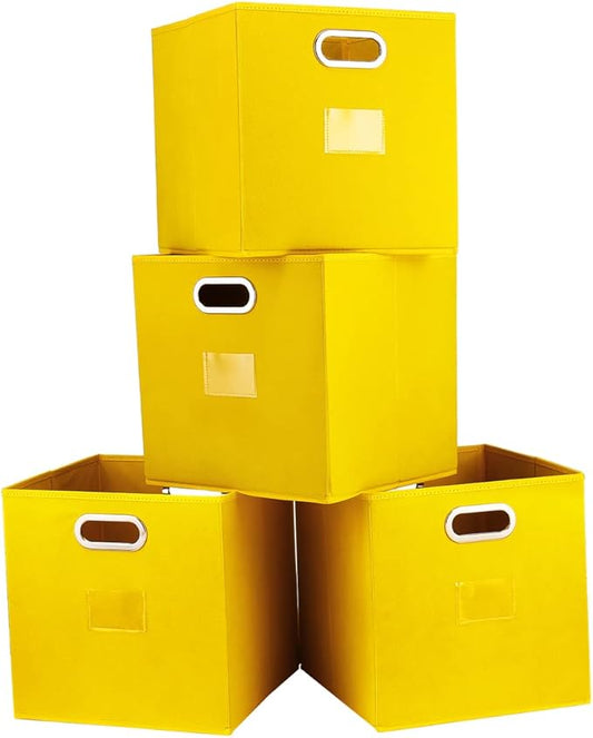 Cube Storage Bins,13 inch Storage Bin,4-Pack Yellow Storage Boxes with Dual Metal Handles for Organizing Shelves,Closet,Nursery,Home