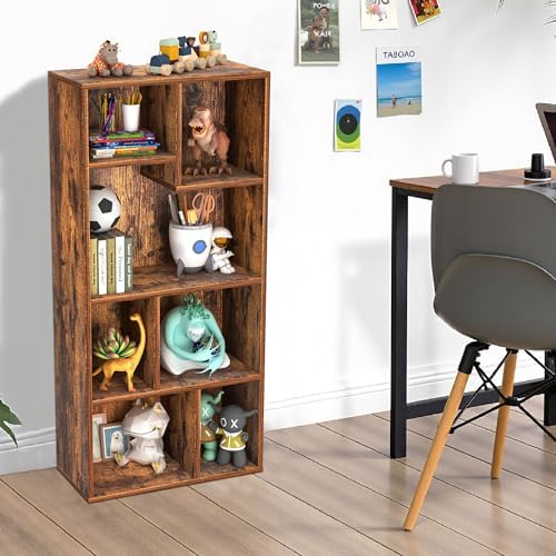 VECELO Wide Kids Staggered 7-Cube Bookshelf, Extra Large Freestanding Open Storage Organizer with Multi-Size Compartment