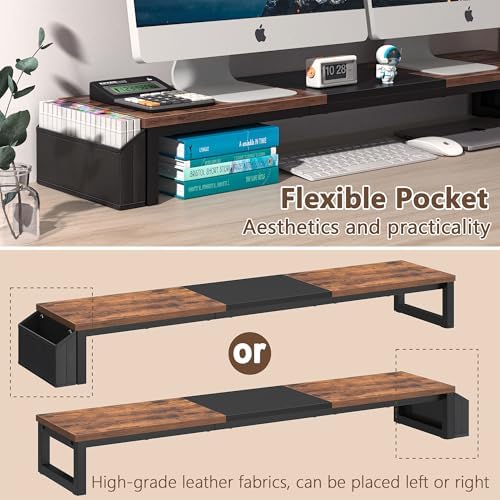 LAND·VOI Dual Monitor Stand Riser,41.5'' Long Monitor Stand for 2 Monitors, Wood Computer Riser with Pocket, Desktop Ora