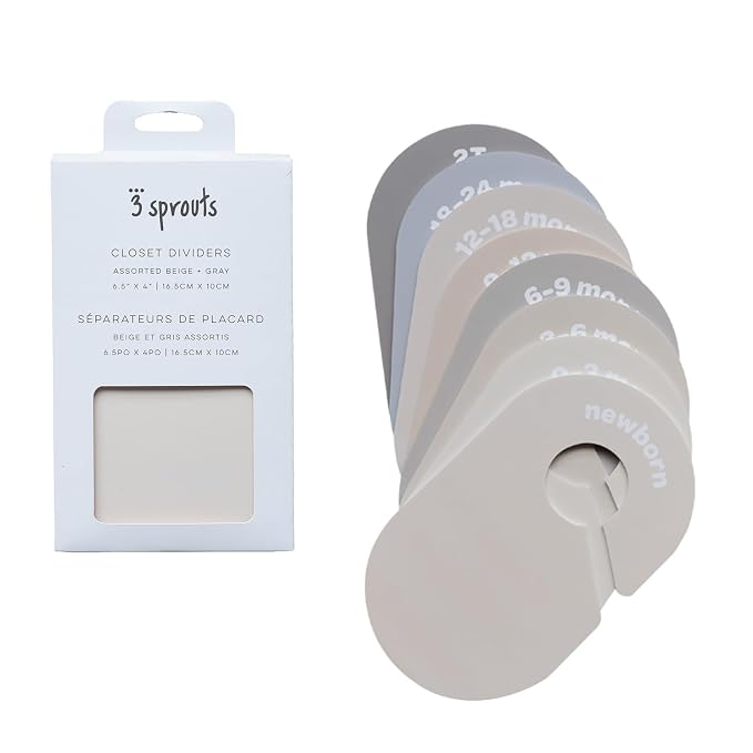 3 Sprouts Baby Closet Dividers, Newborn to 2T, Beige & Gray, 8 Piece Set | Newborn to 2T sizing, 8-piece set, Double-sided size labels, Age labels, Nursery closet storage, Baby clothes organizer