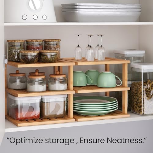 2 Pack Bamboo Corner Shelf,3 Tier Kitchen Cabinet Organizer for Plates and Dishes,Pantry Storage and Spice Rack（Natural）