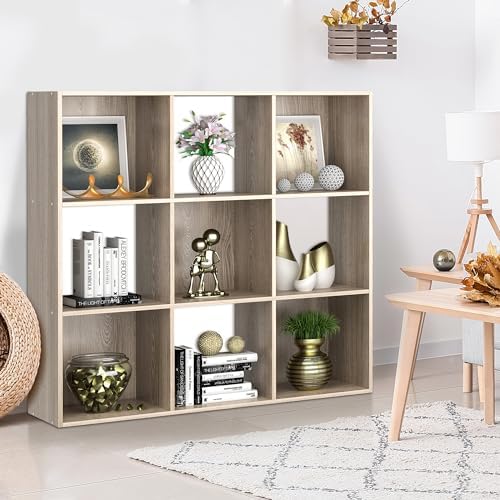 SUPER DEAL 9 Cube Open Shelf Bookcase, 3 x 3 Storage Organizer Shelf with 5 Removable Back Panels Wood Bookshelf System 