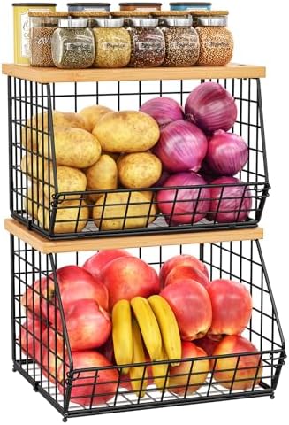 2 Set Stackable Wire Basket with Wooden Tops & Pad for kitchen organizers and storage, XXL Kitchen Counter Organizer for