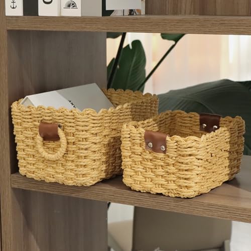 QINGTUHONE Woven Paper Rope Wicker Basket for Organizing(Set of 3,Desert)