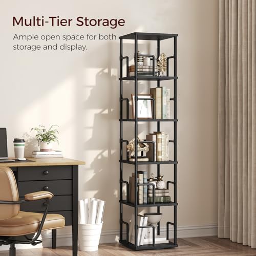 MAHANCRIS 5-Tier Rotating Bookshelf, Freestanding Corner Bookshelf, 360° Spinning Bookcase, Industrial Style Storage Rac
