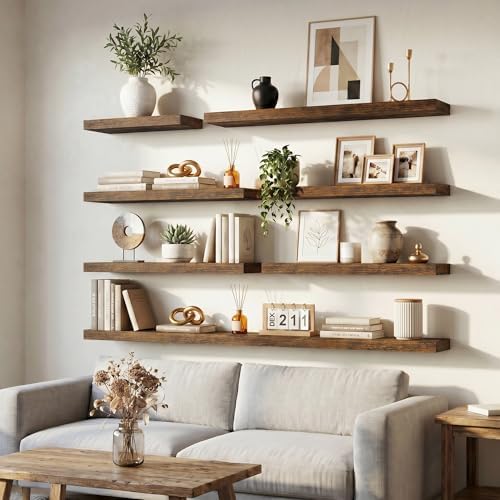 24 Inch Floating Shelves for Wall, 6.5"D Wood Storage Shelves, Brown Finish