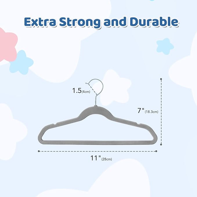 Smartor Premium 11 Inch Baby Hangers 50 Pack, Kids Velvet Hanger, Non Slip | Grey Space Saving Felt Hangers Clothes Organizers for Closet with 360° Swivel Hook for Children, Infant & Toddler