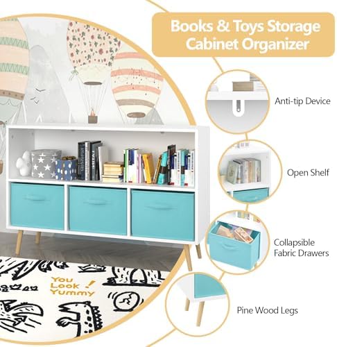 Kids Bookcase with Collapsible Fabric Drawers, Children's Book Display,Toy Storage Cabinet Organizer Book Shelf for Kids