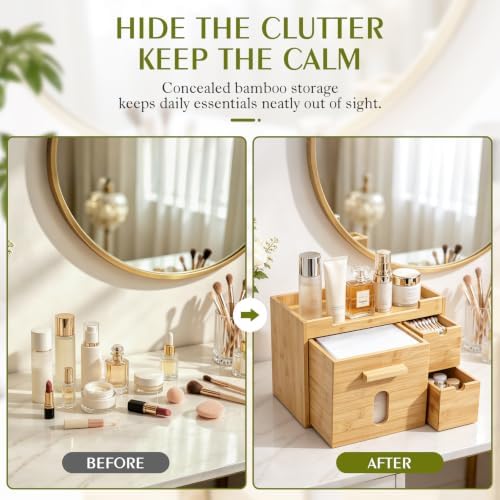Bamboo Face Towel Holder with 3 Drawers, Vanity Skincare Organizer
