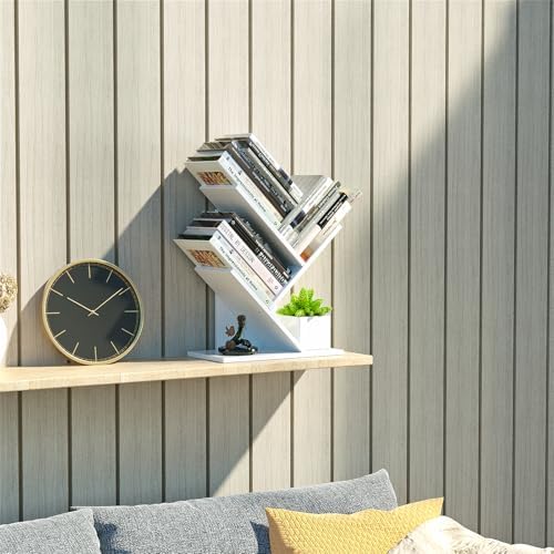 R RUISHENG 3 Tier Small Tree Bookshelf Storage Organizer Shelves Floor Standing Bookcase Desk Wood Storage Rack for Home