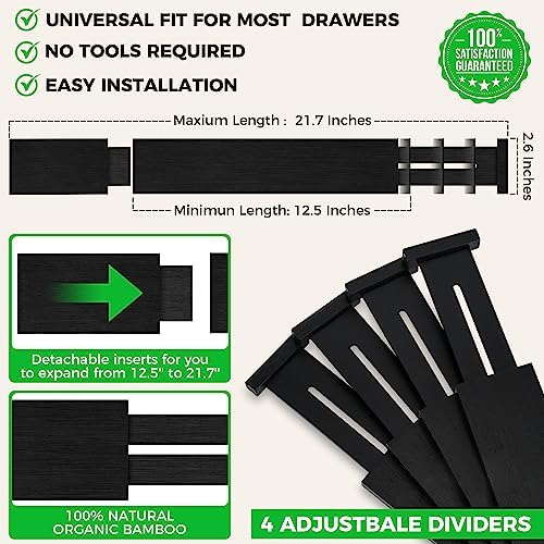 4 Pack Bamboo Drawer Dividers Organizer with Inserts 2.6'' High