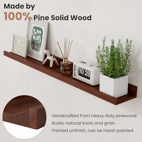 Acovy Long Floating Shelves for Wall, 55 inch Solid Wood Picture Ledge Shelf, Picture Shelf for Wall with Ledge, Floating Book Shelves for Living Room Bedroom Kitchen Nursery Decor, Walnut, Set of 2