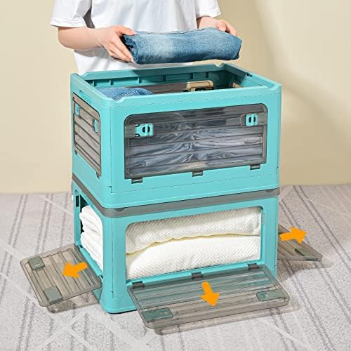 32Qt Plastic Storage Bins with Lid, Collapsible Storage Bins with Wheels, Storage Boxes with 4 Doors, Stackable Storage 