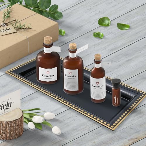 2 Pack Black Bathroom Vanity Tray for Countertop with Beads, Small Plastic Toilet Tank Versatile Storage Organization Tr