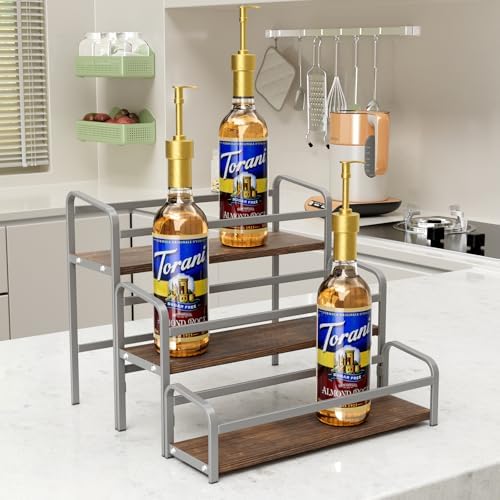 3-Tier Coffee Syrup Rack for Countertop, Large Capacity 12-Bottles Syrup Stand with Wood Shelf & Metal Frame for Coffee 