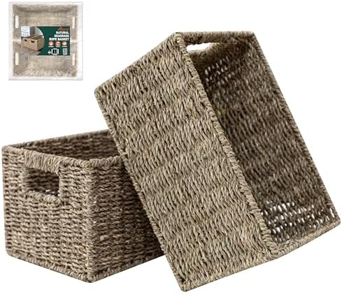 HOMESTEAD 2-Pack Rectangular Seagrass Storage Baskets with Built-In Handles, Handwoven Wicker Baskets for Pantry, Shelf, Closet & Bathroom Organization, 13.25 x 8.25 x 7.25 in
