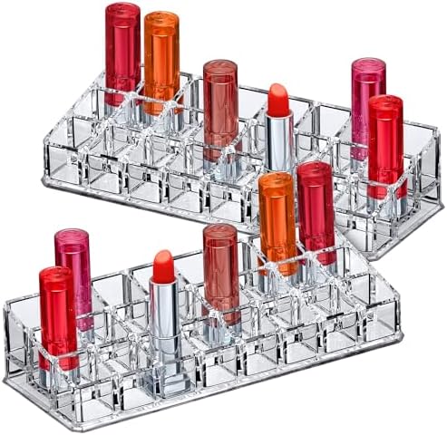 Amazing Abby - Glamour - 2-Pack 24-Slot Acrylic Lipstick Organizer, Lipstick Holder, Lip Gloss Holder, Cosmetic Storage 