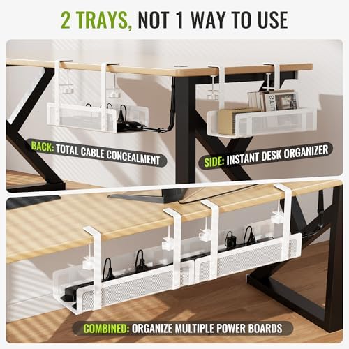 [Upgraded] 2 Pack Cable Management Under Desk Tray, Xpatee 27.6" No Drill Open Slots Cable Management Tray, Cord Wire Or