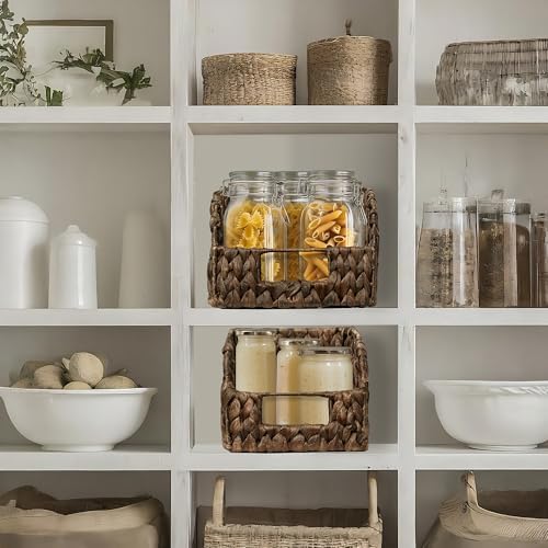 Casafield Set of 2 Water Hyacinth Pantry Baskets with Handles - Espresso, Woven Storage Bin Organizers for Kitchen Shelv