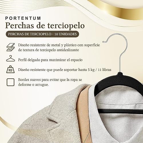PORTENTUM Velvet Hangers, Pack of 10, Black, Accessory Holder, 360º Hook, Space Saving, Notches for Dresses, Non-Slip Hangers, for All Types of Clothes, Made in Spain