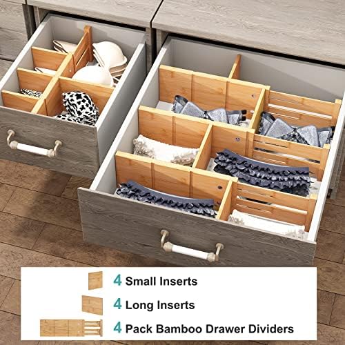 4.4" High Drawer Dividers with Inserts, Bamboo Drawer Dividers for Clothes, Expandable from 12-17.5", Adjustable drawer 
