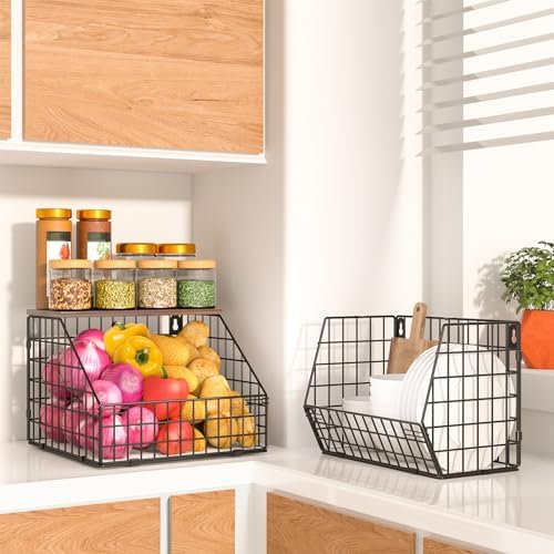 Fruit and Vegetable storage, 2 Set Wall Mounted Wire Baskets, Fruit Basket for Kitchen Counter, Hanging Fruit Basket, Po