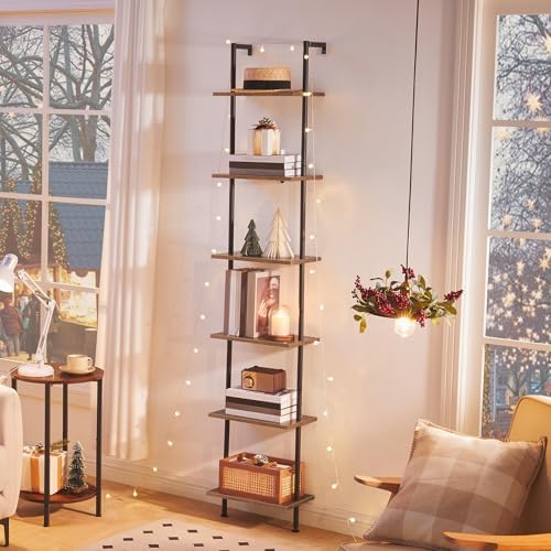 HOOBRO DIY Ladder Shelf, 6-Tier Wooden Wall Mounted Bookshelf, Narrow Bookcase, Display Shelf, Storage Rack, Plant Stand