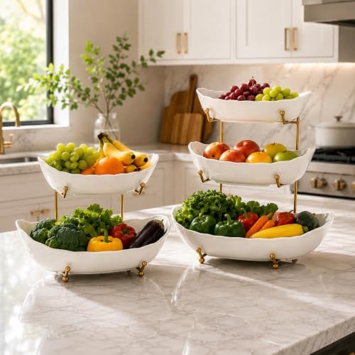HBlife 3 Tier Large Fruit Bowl, Ceramic Fruit Basket for Kitchen Counter