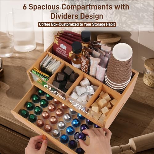 2-Tier Coffee Bar Organizer with Clear Acrylic Top, Built-in Drawer and Leather Handle Pull for Countertop, Stylish Coff