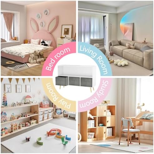 Kids Bookshelf Toy Storage Organizer with Collapsible Fabric Drawers, Wood Children Bookcase, Toy and Book Storage Displ
