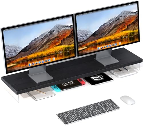 Dual Monitor Stand Riser, 40x10 in Wood & Acrylic Desktop Organizer Shelf