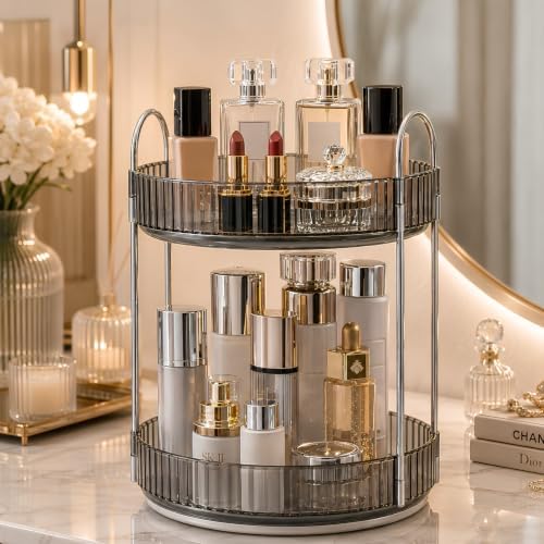 360° Rotating Makeup Organizer, 2 Tier Spinning Cosmetic Organizer for Vanity & Bathroom Countertop, Holds Tall Skincare