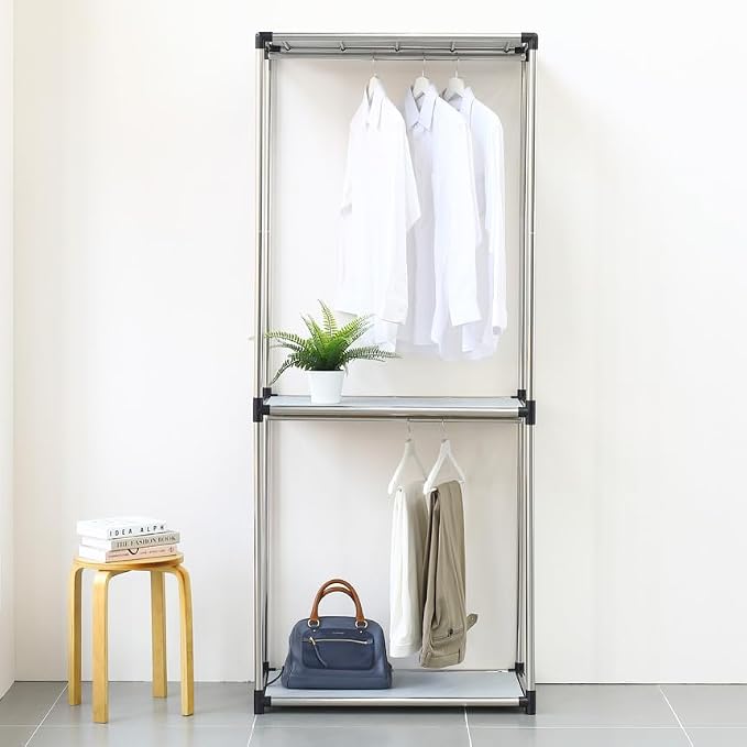 Letusto Premium Stainless Steel Freestanding Closet Organizer System - Easy Assembly, Durable, and Versatile - Heavy Duty Adjustable Portable Wardrobe Clothing Rack (2 Tier)