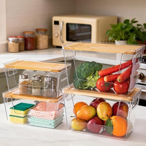 Criusia 2 Large and 2 Small Pantry Organizers and Storage with Bamboo Lids, Stackable Clear Bins for Onion, Potato, Frui