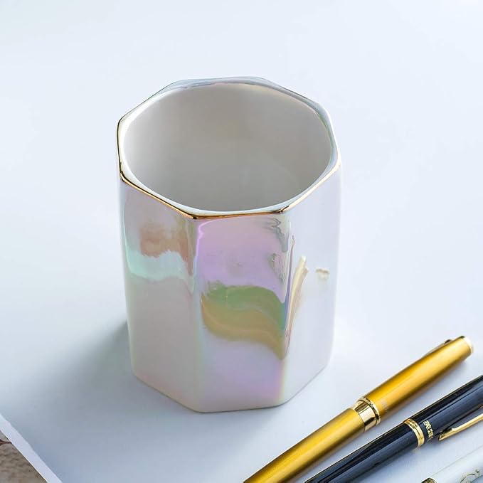 Ceramic Desk Iridescent Pen Holder Stand Cute Pencil Cup Pot Desk Organizer Makeup Brush Holder,Toothbrush Holders(Pearl)