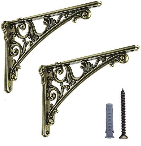 HARPOON 8 Inch Shelf Brackets 2 Pack Heavy Duty Wall Bracket Baroque Kitchen Decorative Rack Shelves Antique Brass