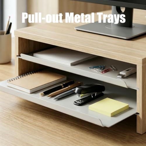Fenge 14.3-Inch Monitor Stand with Slide-Out Trays, Wood & Metal Desk Shelf