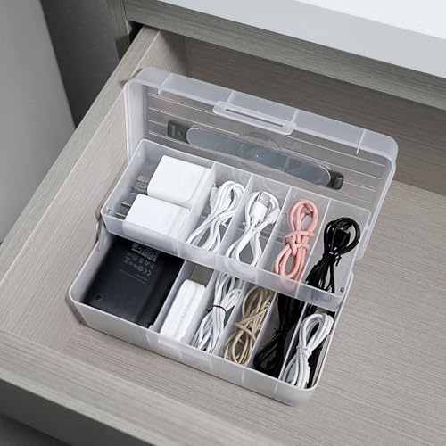 FYY Cord Storage Organizer Box - 11 Compartment Frosted Clear Cable Storage Organizer With Lid, High Capacity Dustproof 