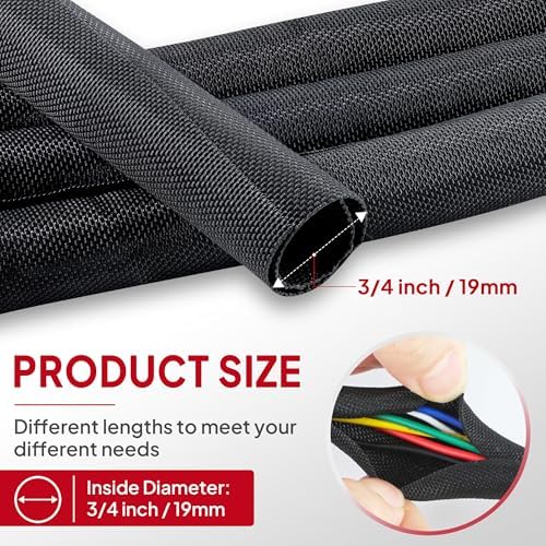 Black Split Braided Cable Management Sleeves 3/4inch -20Feet