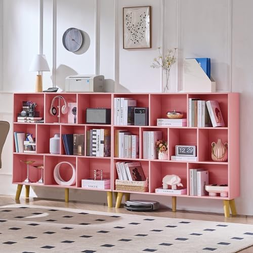LEYAOYAO 10 Cube Bookshelf,Mid-Century Modern Bookcase with Legs,Light Pink