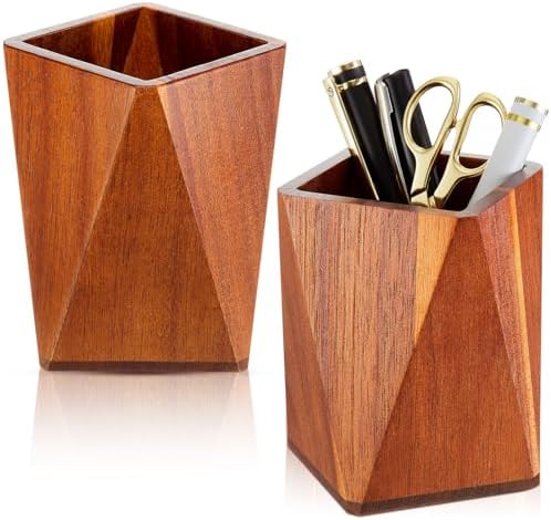 Henoyso 2 Pcs Acacia Wood Geometric Pen Holder Pencil Cup Office Desk
