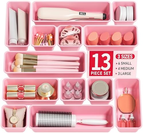 Canfanni 13 Pack Plastic Drawer Organizers Set, 3 Sizes Desk Drawer Organizer Trays for Vanity and Makeup Organizer, Organization and Storage for Makeup, Kitchen Utensils, Bathroom and Office(Pink)