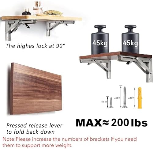 Folding Shelf Brackets 10 inch 2 Pcs Max. Load 220lb - Heavy Duty Stainless Steel DIY Wall Mounted Collapsible Shelf Bra