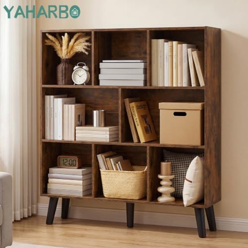 YAHARBO 8 Cube Brown Bookshelf,3 Tier Book Shelf with Legs,Modern Minimalist Bookcase,Open Book Shelves Storage Organize