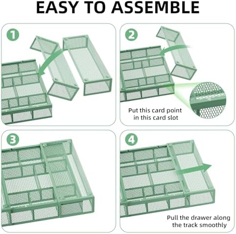 Marbrasse Expandable Desk Drawer Organizer, Mesh Drawer Organizer Tray with 10 Adjustable Compartments, Desk Organizers and Accessories for Office Supplies, Makeup & Vanity (Expandable-Green)